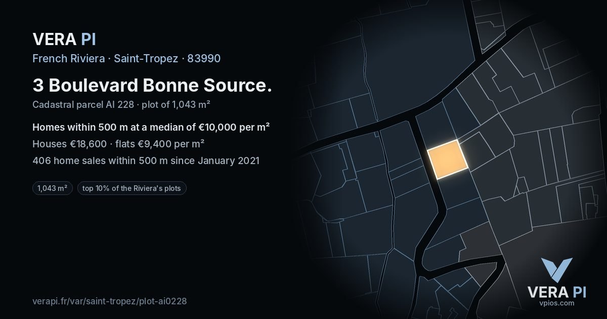 3 Boulevard Bonne Source, Saint-Tropez at night – the plot lit, the parcels around coloured by the prices near them