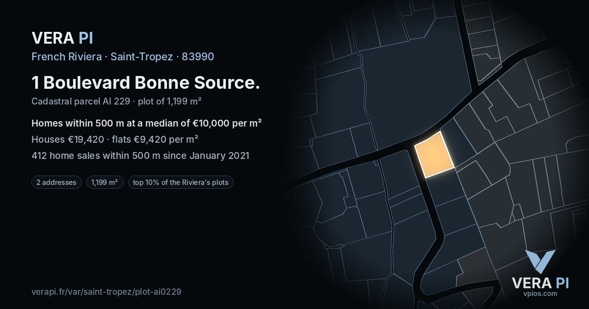 1 Boulevard Bonne Source, Saint-Tropez at night – the plot lit, the parcels around coloured by the prices near them