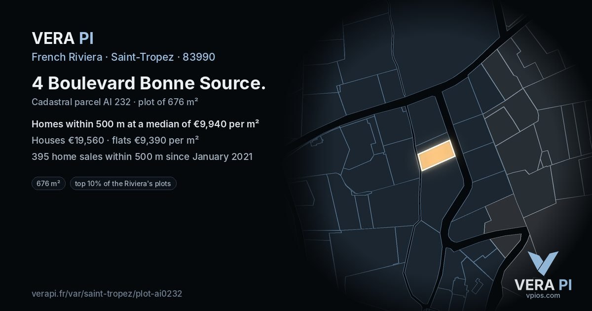4 Boulevard Bonne Source, Saint-Tropez at night – the plot lit, the parcels around coloured by the prices near them