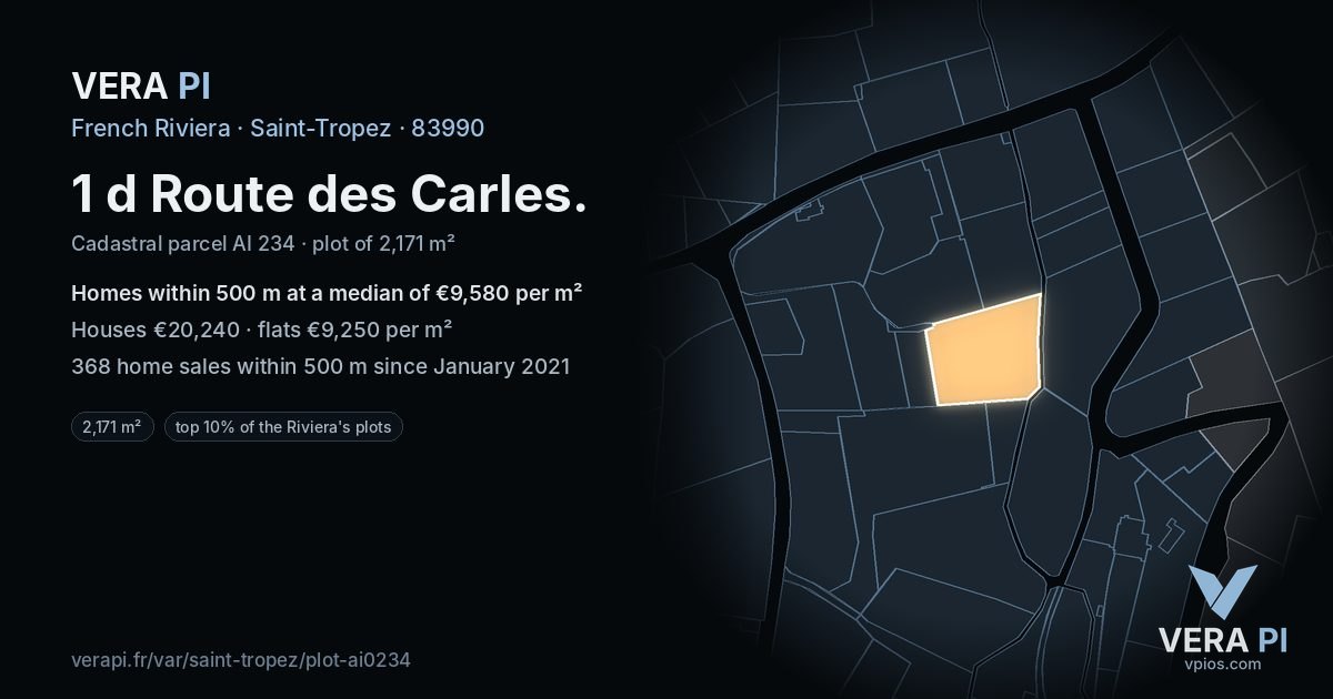 1 d Route des Carles, Saint-Tropez at night – the plot lit, the parcels around coloured by the prices near them