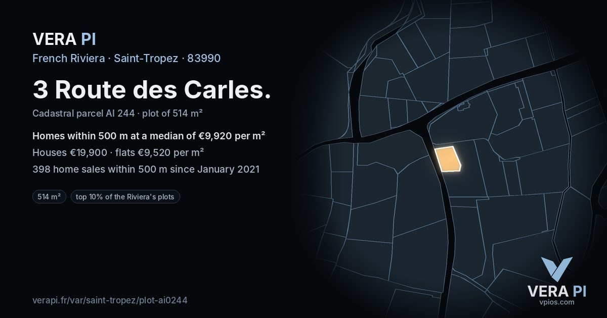 3 Route des Carles, Saint-Tropez at night – the plot lit, the parcels around coloured by the prices near them