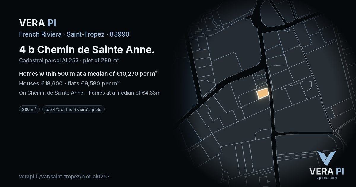 4 b Chemin de Sainte Anne, Saint-Tropez at night – the plot lit, the parcels around coloured by the prices near them