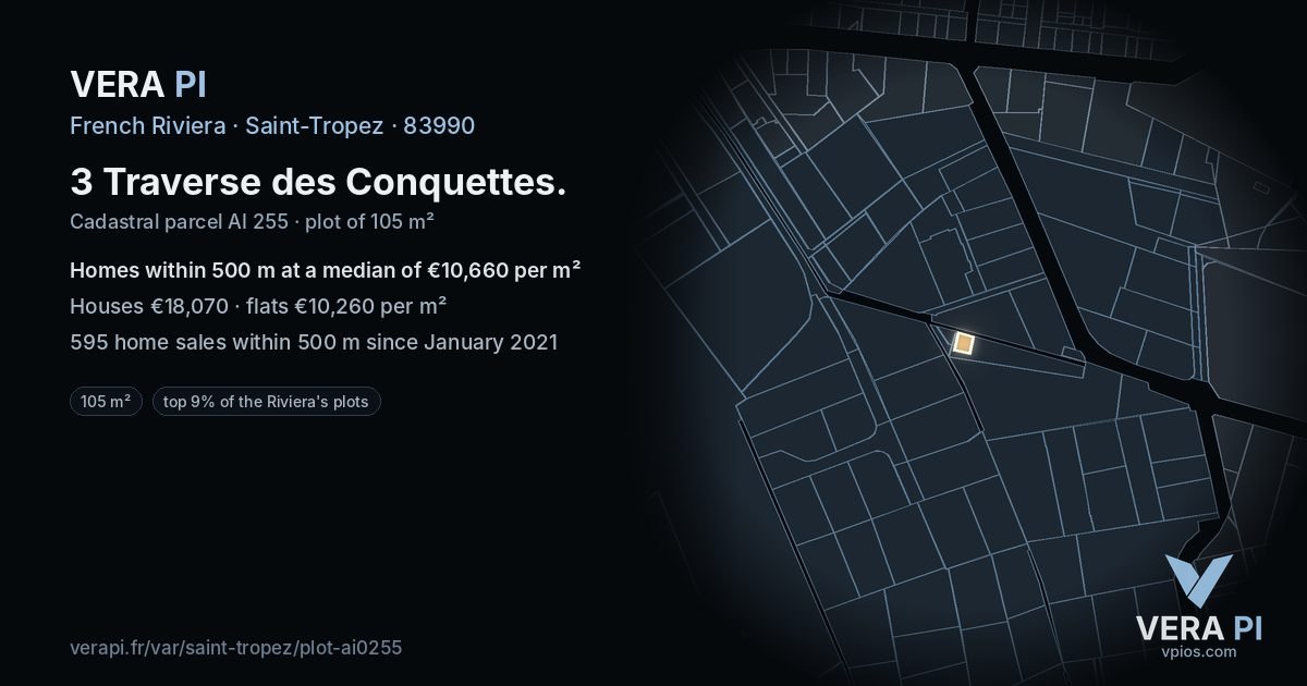 3 Traverse des Conquettes, Saint-Tropez at night – the plot lit, the parcels around coloured by the prices near them