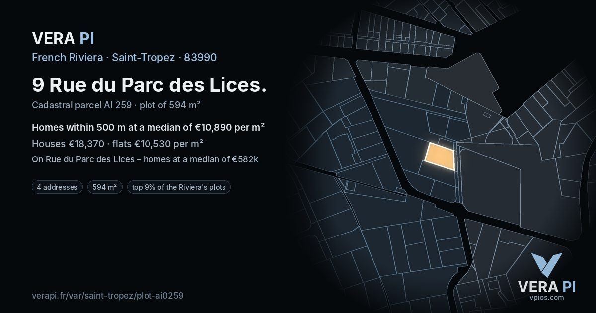 9 Rue du Parc des Lices, Saint-Tropez at night – the plot lit, the parcels around coloured by the prices near them