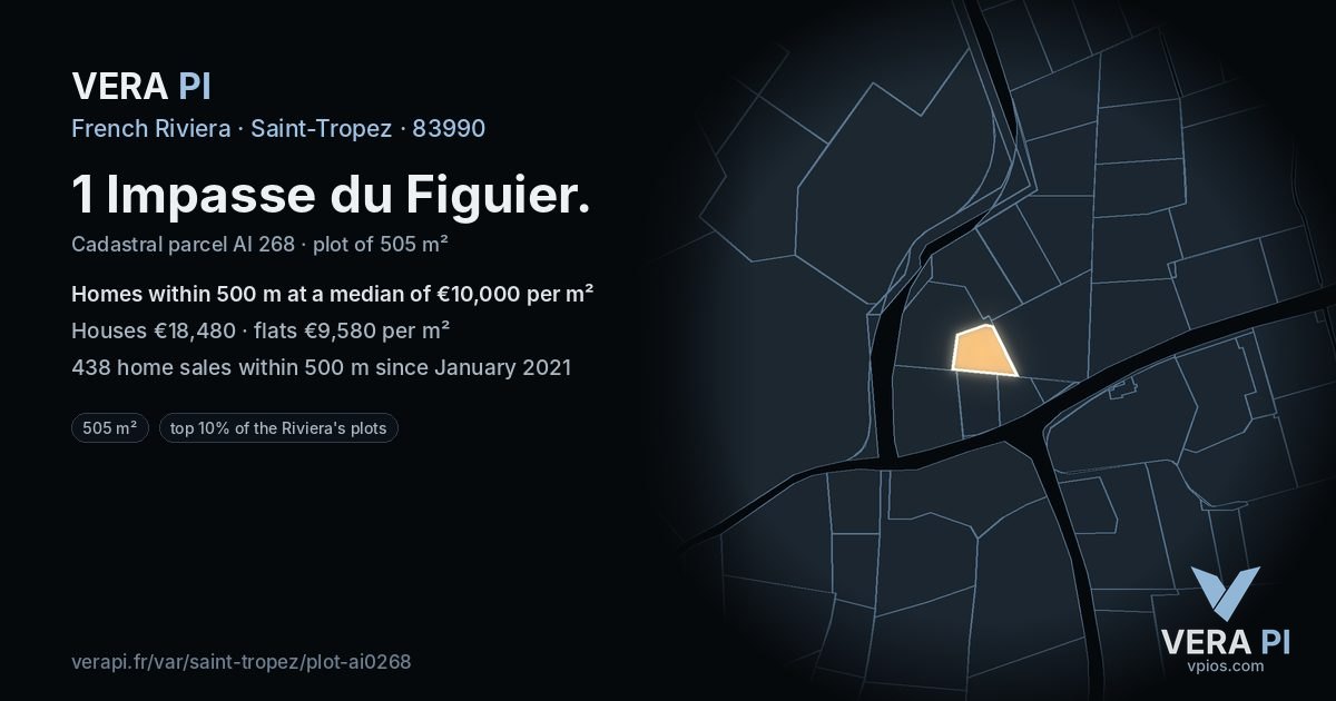 1 Impasse du Figuier, Saint-Tropez at night – the plot lit, the parcels around coloured by the prices near them