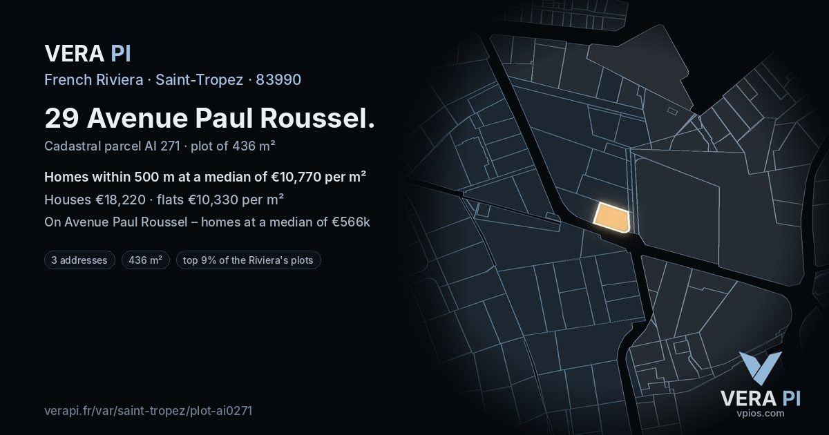 29 Avenue Paul Roussel, Saint-Tropez at night – the plot lit, the parcels around coloured by the prices near them