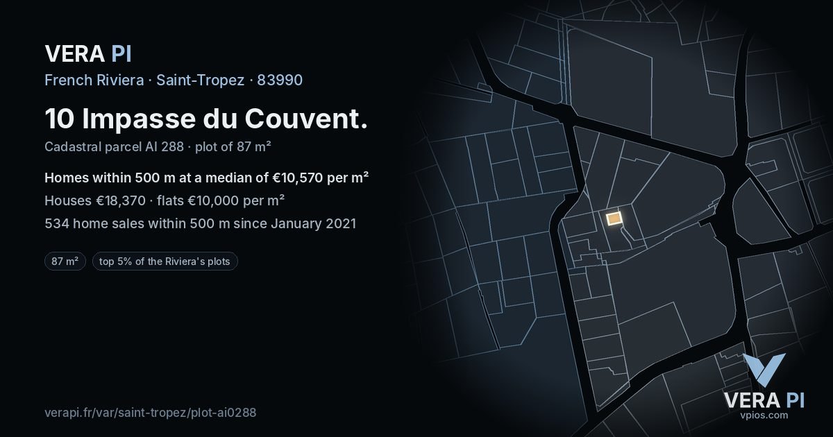 10 Impasse du Couvent, Saint-Tropez at night – the plot lit, the parcels around coloured by the prices near them