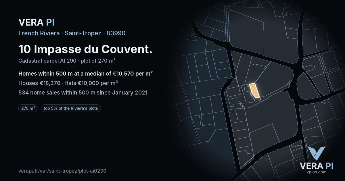 10 Impasse du Couvent, Saint-Tropez at night – the plot lit, the parcels around coloured by the prices near them