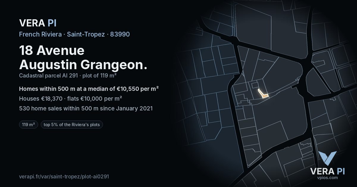 18 Avenue Augustin Grangeon, Saint-Tropez at night – the plot lit, the parcels around coloured by the prices near them