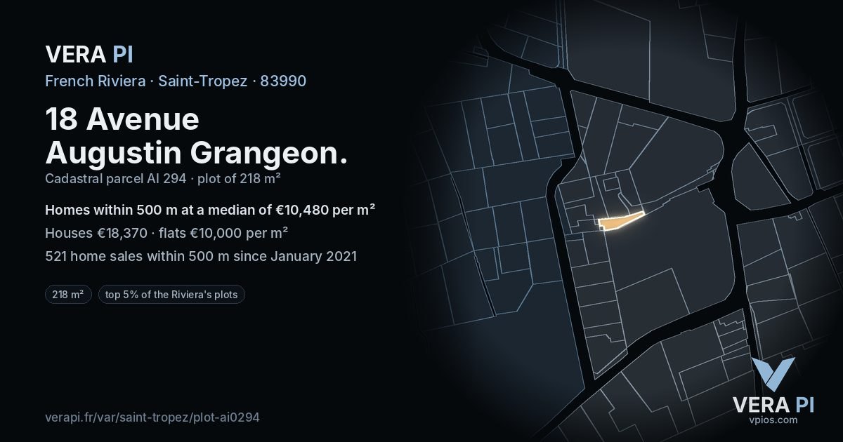 18 Avenue Augustin Grangeon, Saint-Tropez at night – the plot lit, the parcels around coloured by the prices near them