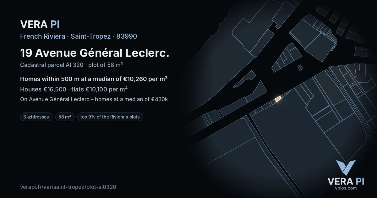 19 Avenue Général Leclerc, Saint-Tropez at night – the plot lit, the parcels around coloured by the prices near them