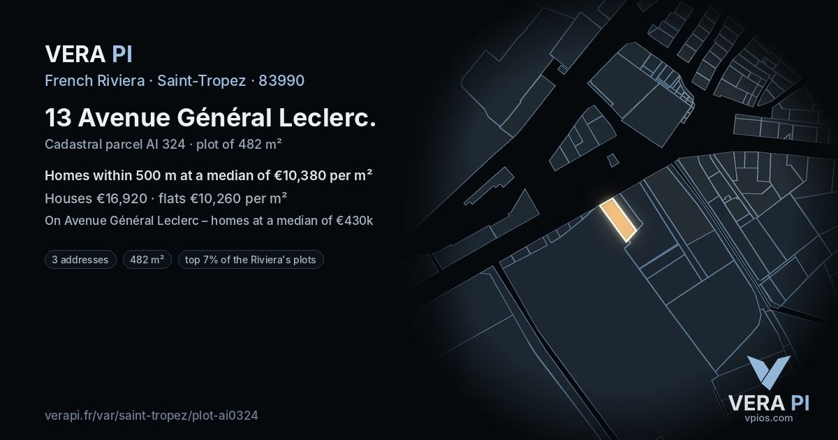 13 Avenue Général Leclerc, Saint-Tropez at night – the plot lit, the parcels around coloured by the prices near them