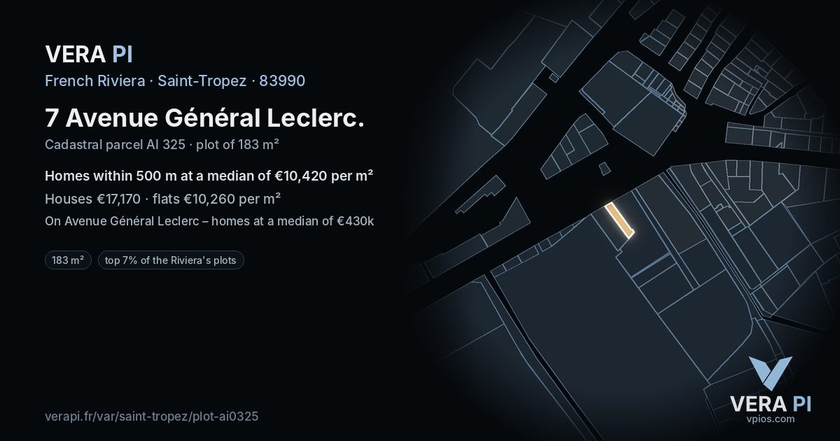 7 Avenue Général Leclerc, Saint-Tropez at night – the plot lit, the parcels around coloured by the prices near them