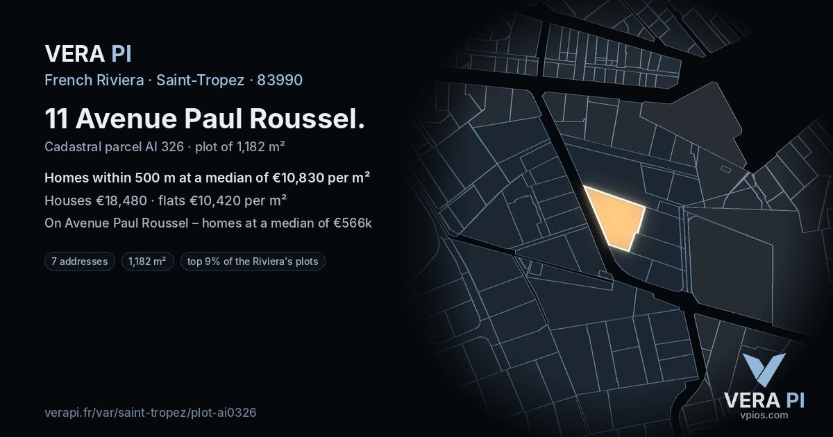 11 Avenue Paul Roussel, Saint-Tropez at night – the plot lit, the parcels around coloured by the prices near them