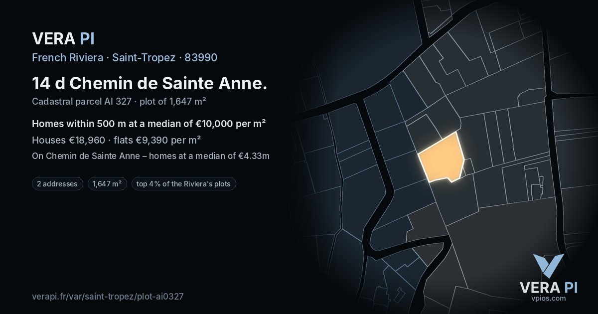 14 d Chemin de Sainte Anne, Saint-Tropez at night – the plot lit, the parcels around coloured by the prices near them