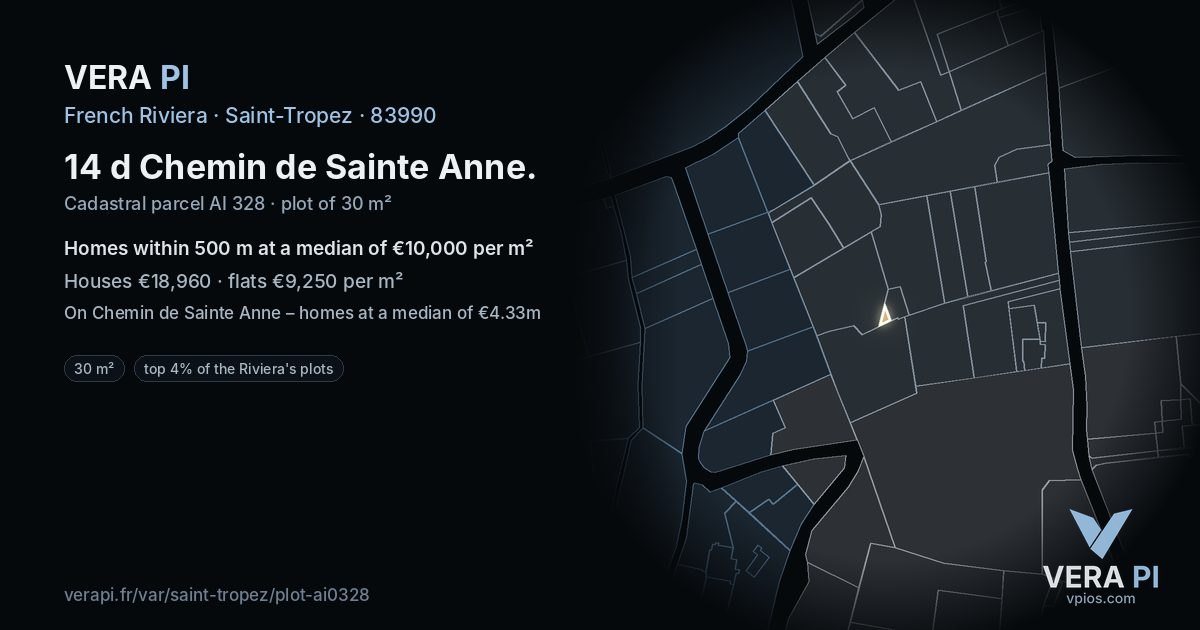14 d Chemin de Sainte Anne, Saint-Tropez at night – the plot lit, the parcels around coloured by the prices near them