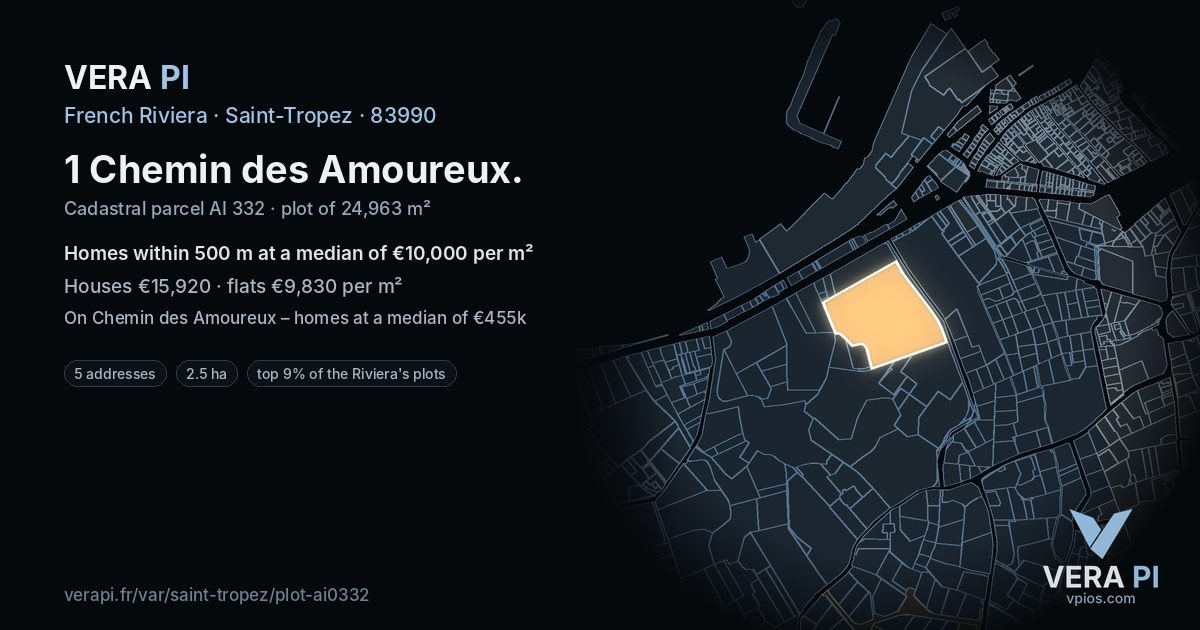 1 Chemin des Amoureux, Saint-Tropez at night – the plot lit, the parcels around coloured by the prices near them