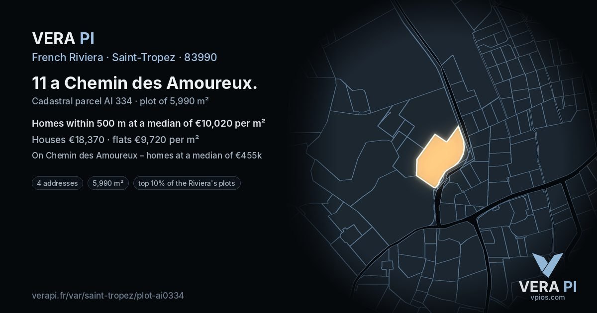 11 a Chemin des Amoureux, Saint-Tropez at night – the plot lit, the parcels around coloured by the prices near them