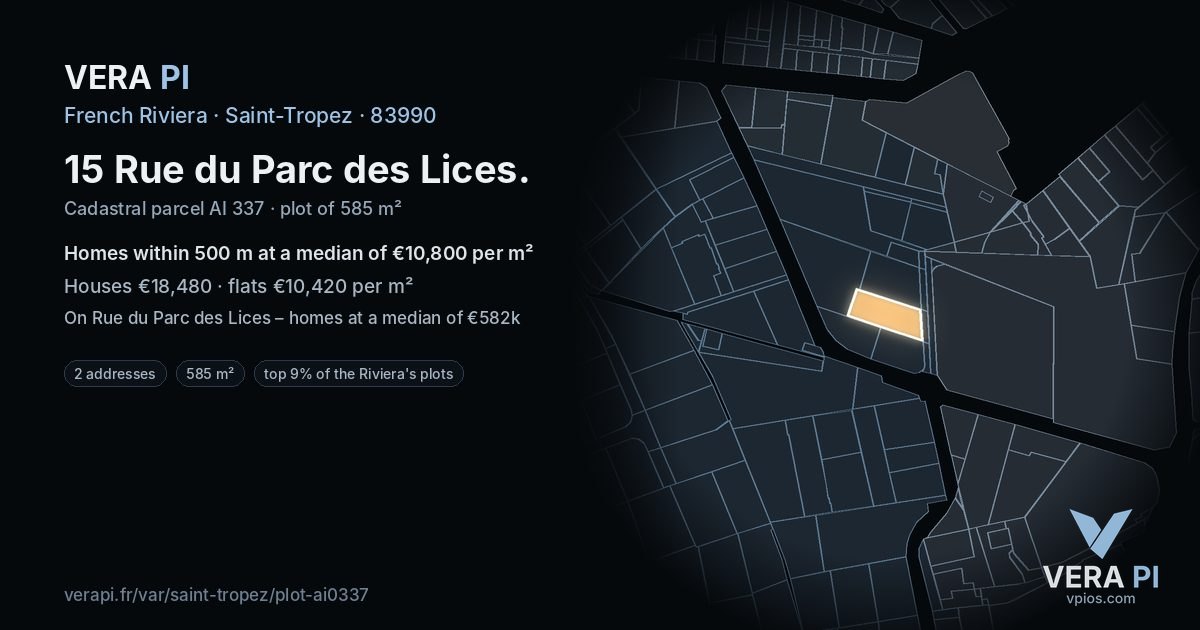 15 Rue du Parc des Lices, Saint-Tropez at night – the plot lit, the parcels around coloured by the prices near them