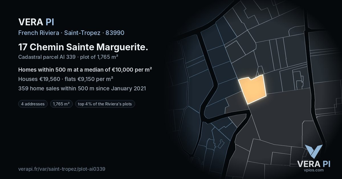 17 Chemin Sainte Marguerite, Saint-Tropez at night – the plot lit, the parcels around coloured by the prices near them
