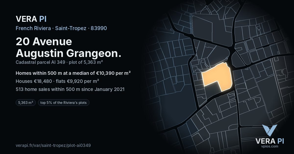 20 Avenue Augustin Grangeon, Saint-Tropez at night – the plot lit, the parcels around coloured by the prices near them