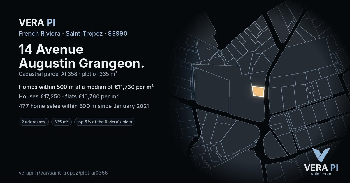 14 Avenue Augustin Grangeon, Saint-Tropez at night – the plot lit, the parcels around coloured by the prices near them