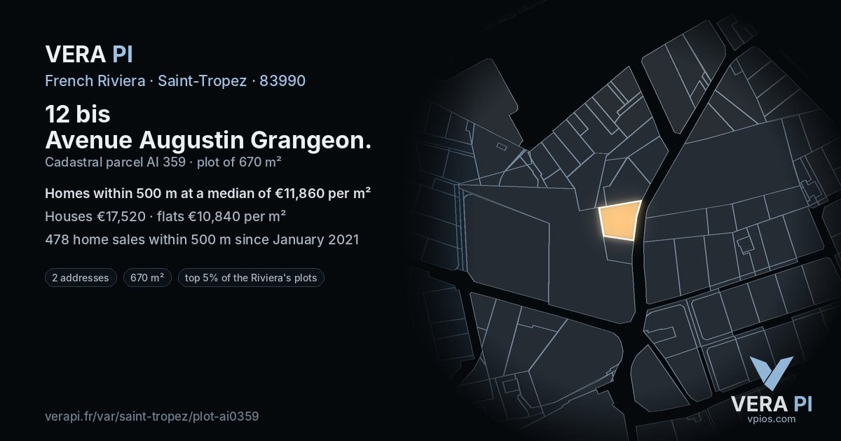 12 bis Avenue Augustin Grangeon, Saint-Tropez at night – the plot lit, the parcels around coloured by the prices near them