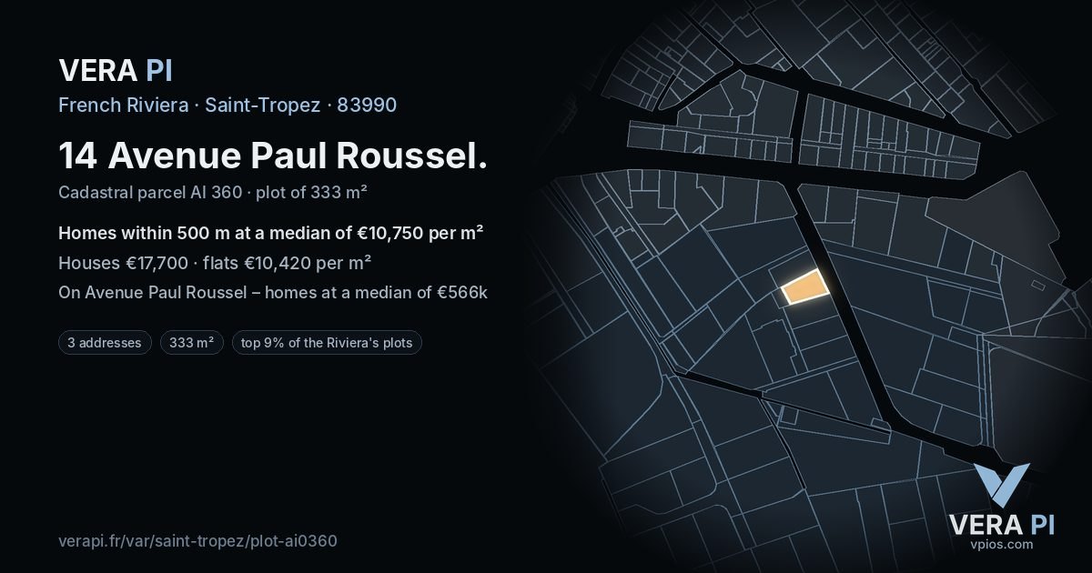 14 Avenue Paul Roussel, Saint-Tropez at night – the plot lit, the parcels around coloured by the prices near them