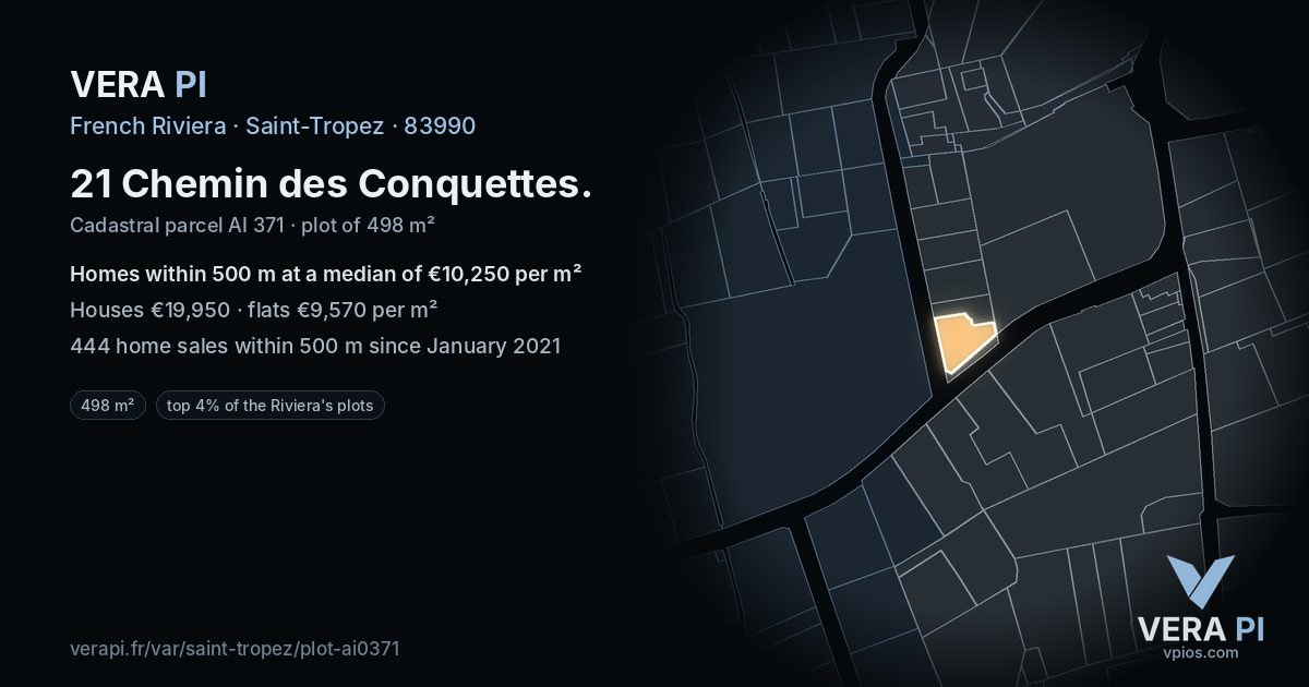 21 Chemin des Conquettes, Saint-Tropez at night – the plot lit, the parcels around coloured by the prices near them