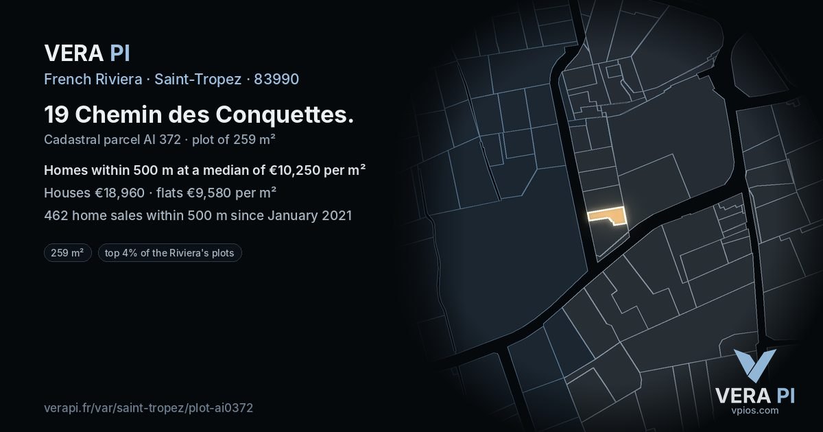 19 Chemin des Conquettes, Saint-Tropez at night – the plot lit, the parcels around coloured by the prices near them