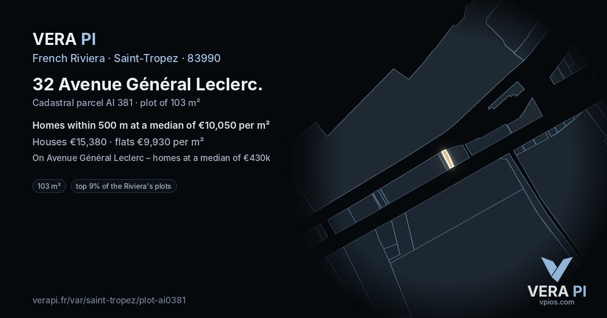 32 Avenue Général Leclerc, Saint-Tropez at night – the plot lit, the parcels around coloured by the prices near them