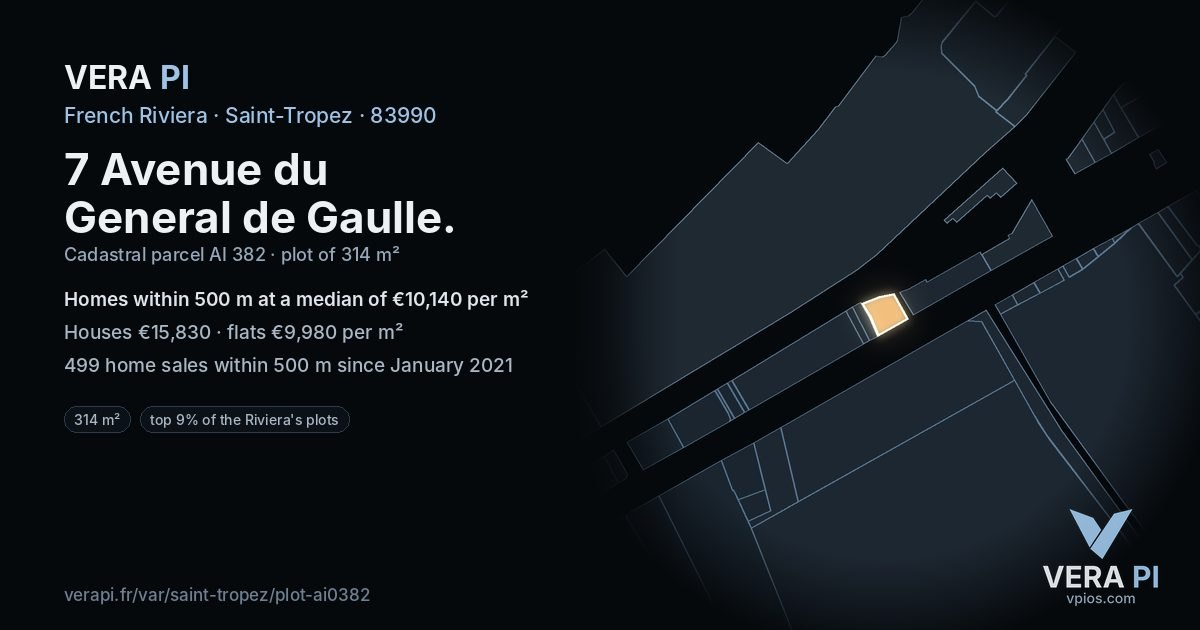 7 Avenue du General de Gaulle, Saint-Tropez at night – the plot lit, the parcels around coloured by the prices near them