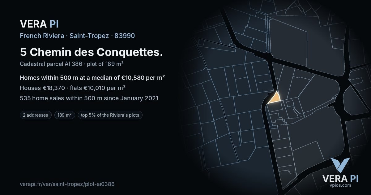 5 Chemin des Conquettes, Saint-Tropez at night – the plot lit, the parcels around coloured by the prices near them