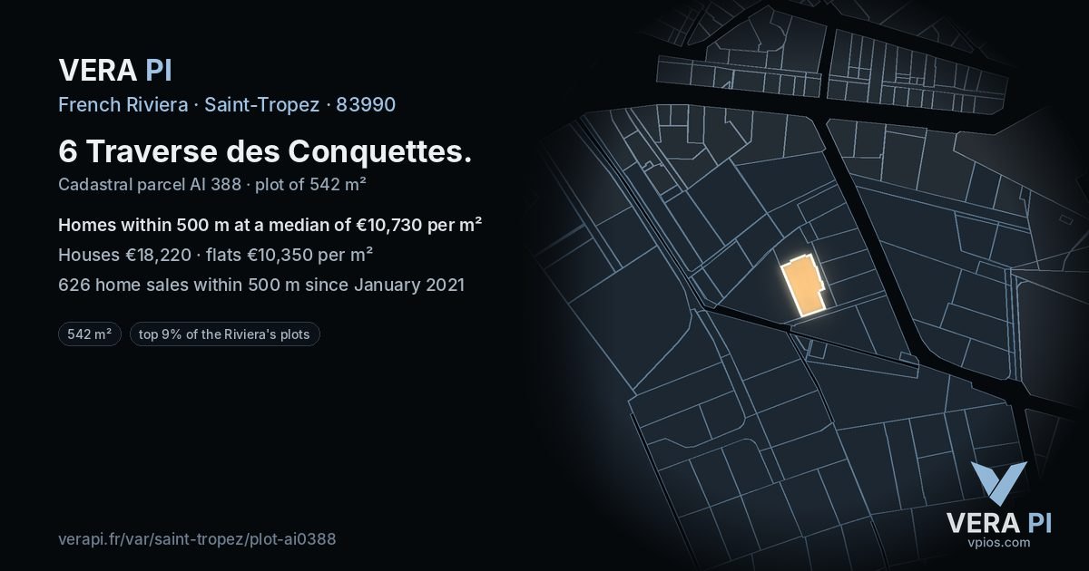 6 Traverse des Conquettes, Saint-Tropez at night – the plot lit, the parcels around coloured by the prices near them