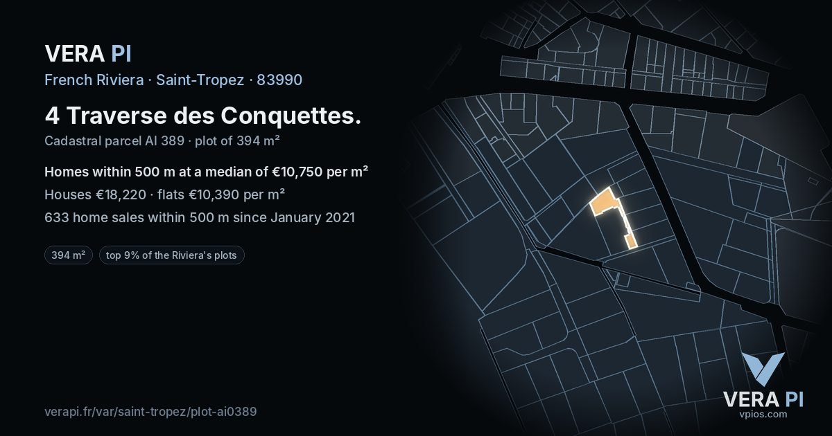 4 Traverse des Conquettes, Saint-Tropez at night – the plot lit, the parcels around coloured by the prices near them