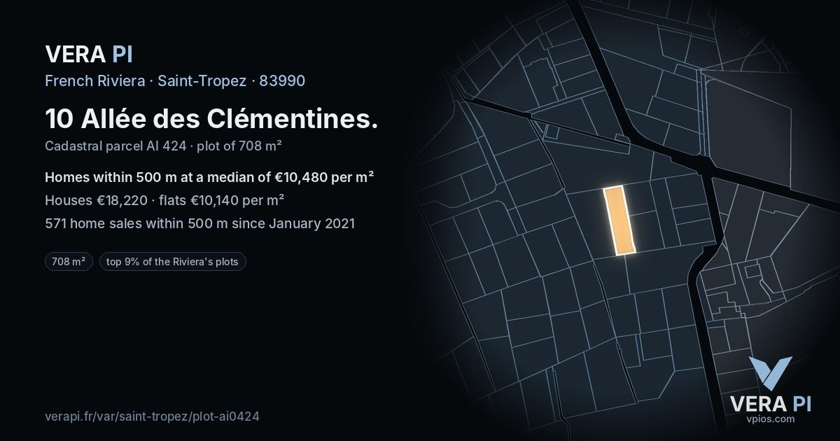 10 Allée des Clémentines, Saint-Tropez at night – the plot lit, the parcels around coloured by the prices near them