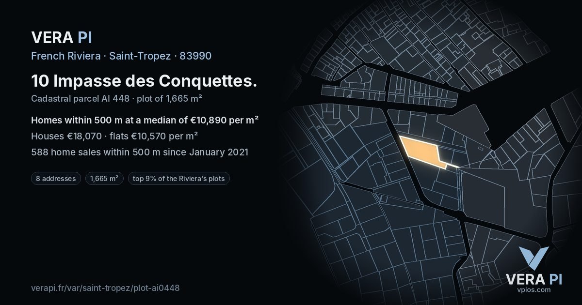 10 Impasse des Conquettes, Saint-Tropez at night – the plot lit, the parcels around coloured by the prices near them