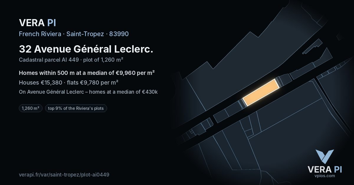 32 Avenue Général Leclerc, Saint-Tropez at night – the plot lit, the parcels around coloured by the prices near them