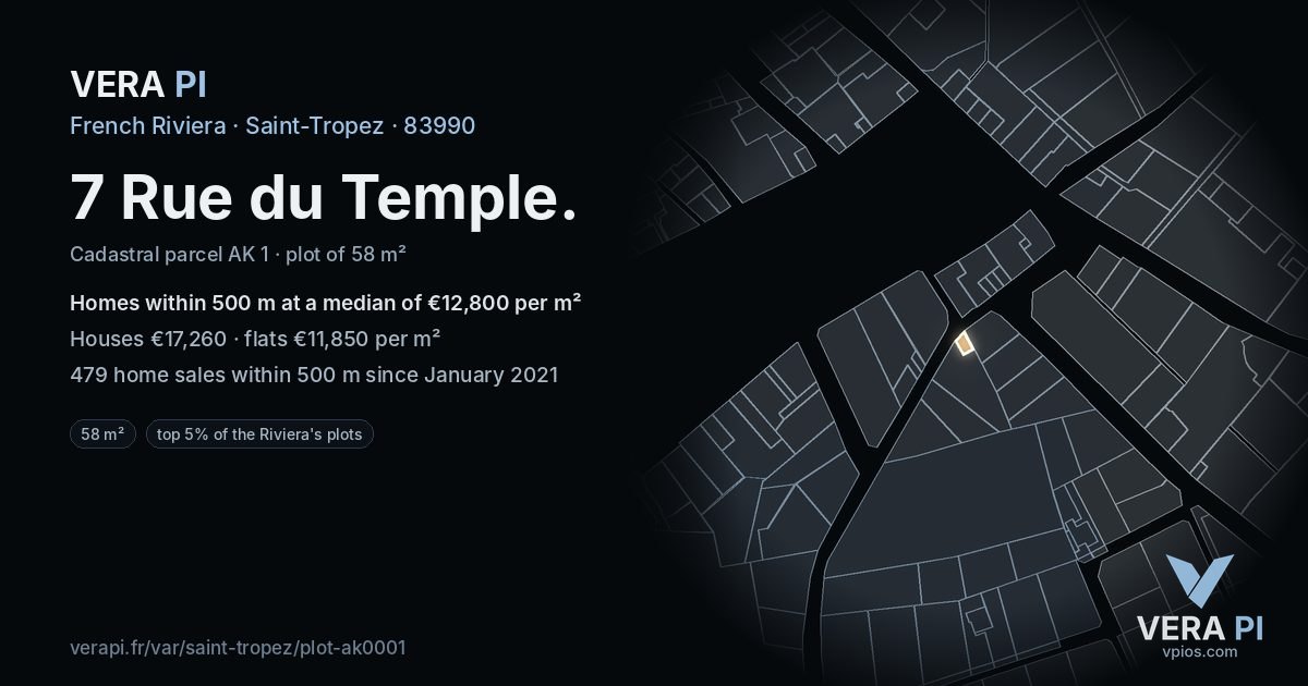 7 Rue du Temple, Saint-Tropez at night – the plot lit, the parcels around coloured by the prices near them