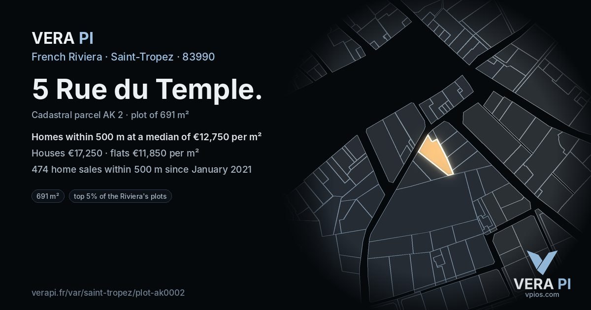 5 Rue du Temple, Saint-Tropez at night – the plot lit, the parcels around coloured by the prices near them