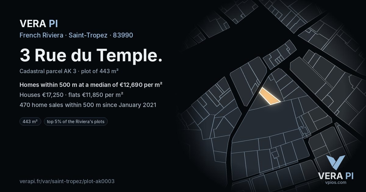 3 Rue du Temple, Saint-Tropez at night – the plot lit, the parcels around coloured by the prices near them