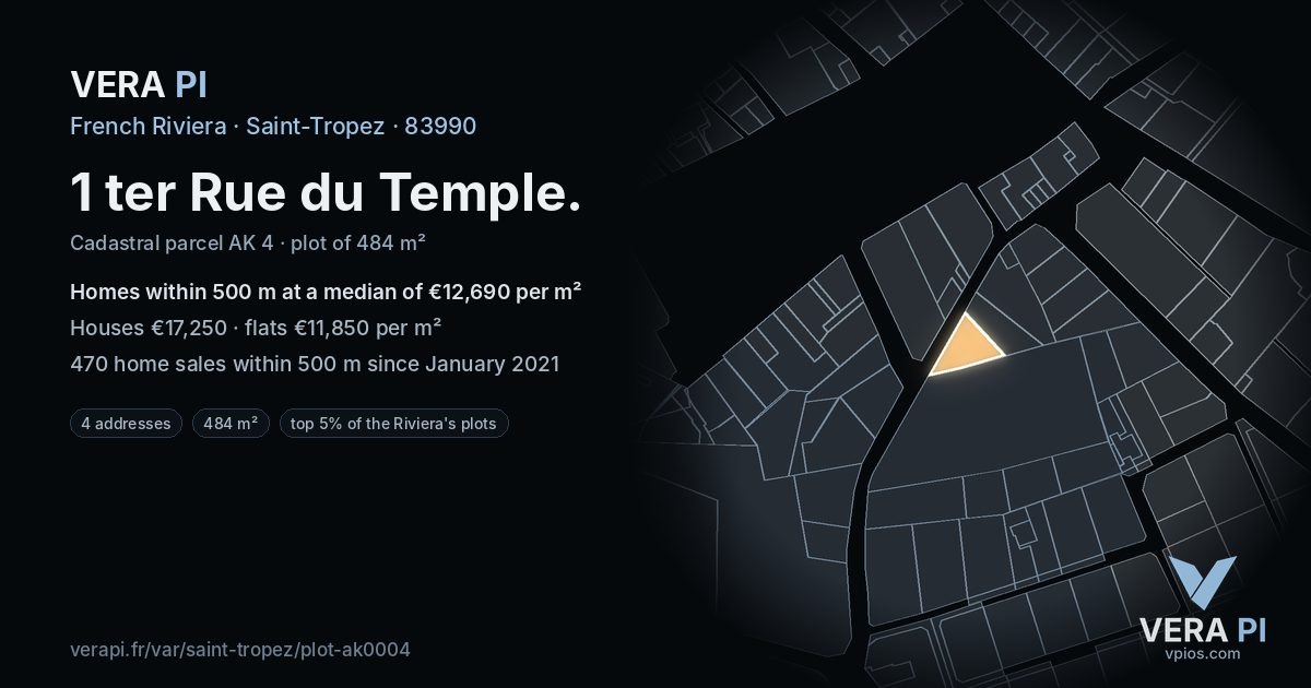 1 ter Rue du Temple, Saint-Tropez at night – the plot lit, the parcels around coloured by the prices near them