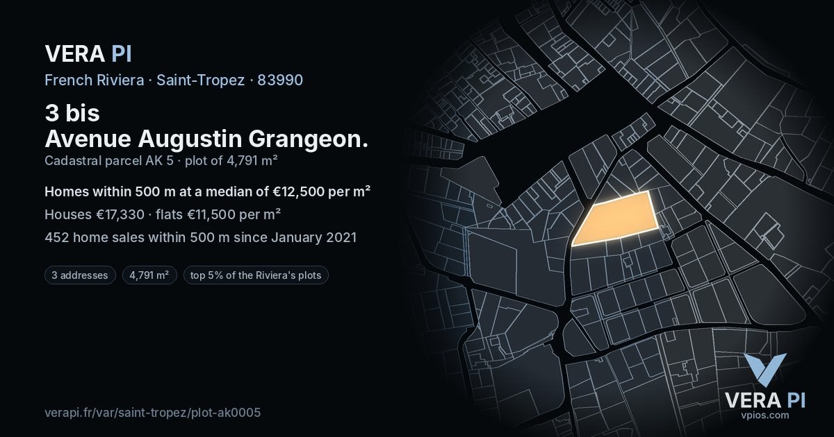 3 bis Avenue Augustin Grangeon, Saint-Tropez at night – the plot lit, the parcels around coloured by the prices near them