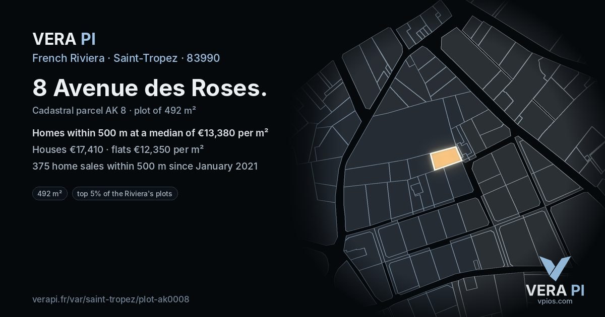 8 Avenue des Roses, Saint-Tropez at night – the plot lit, the parcels around coloured by the prices near them
