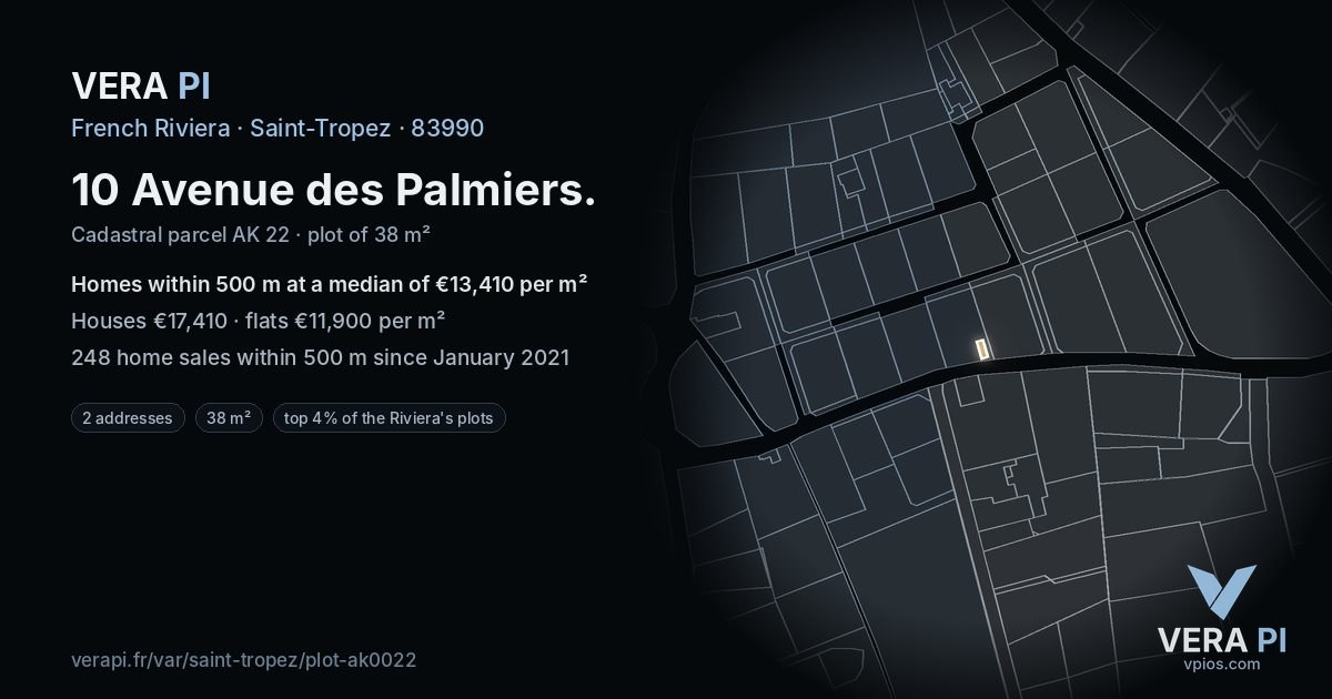 10 Avenue des Palmiers, Saint-Tropez at night – the plot lit, the parcels around coloured by the prices near them