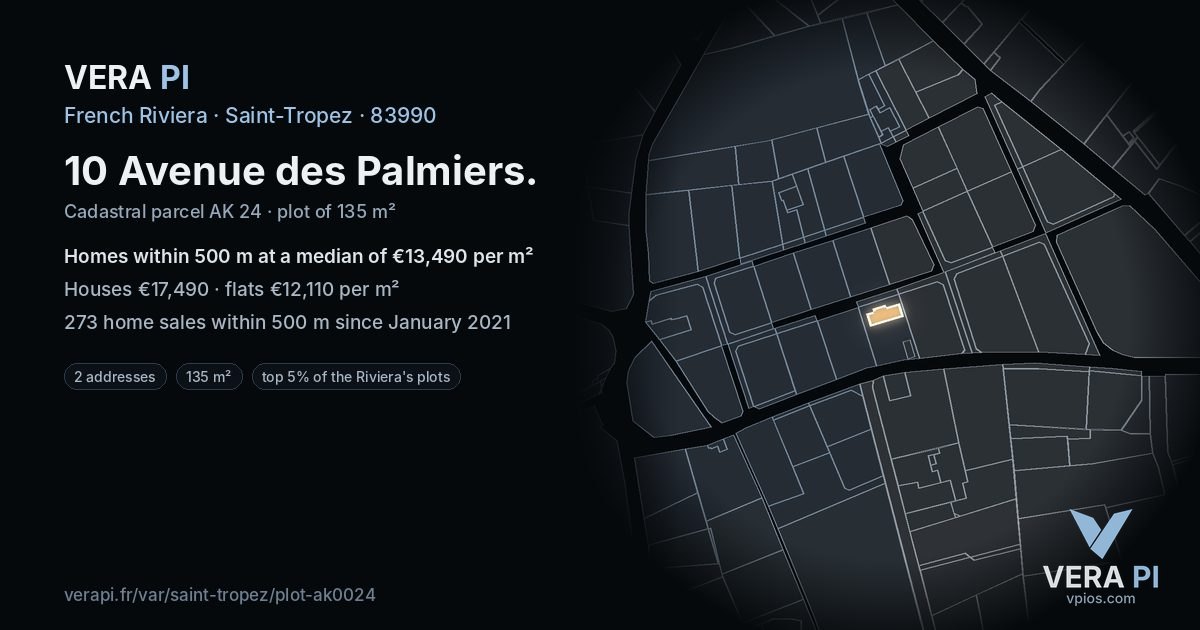 10 Avenue des Palmiers, Saint-Tropez at night – the plot lit, the parcels around coloured by the prices near them