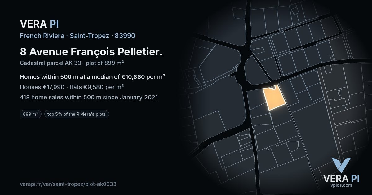 8 Avenue François Pelletier, Saint-Tropez at night – the plot lit, the parcels around coloured by the prices near them