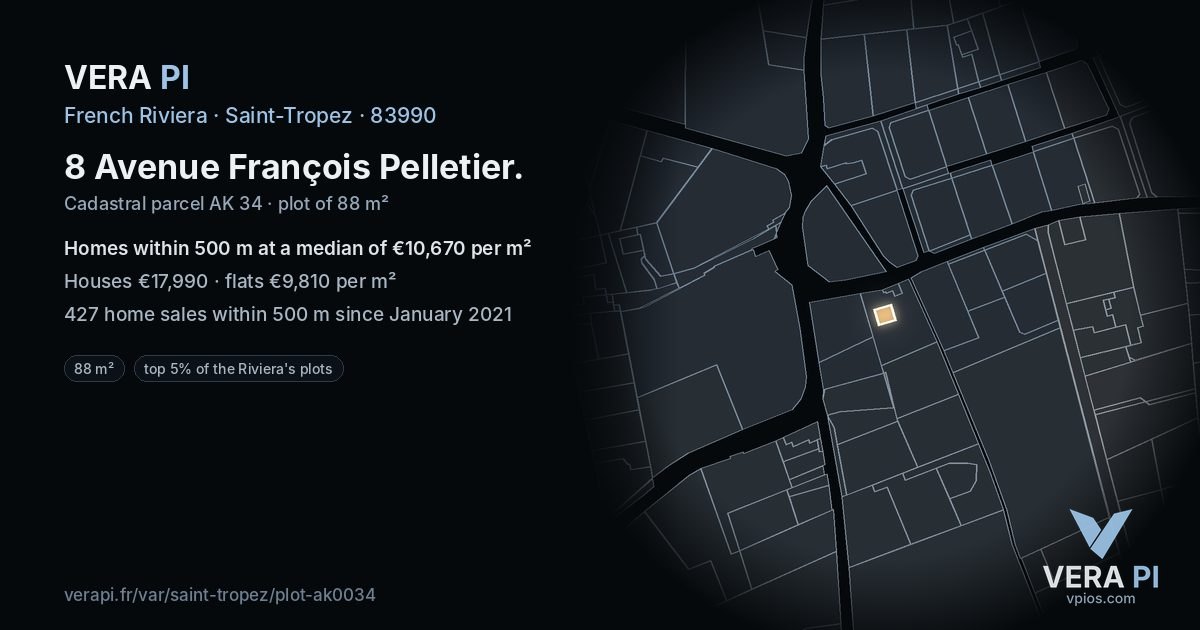 8 Avenue François Pelletier, Saint-Tropez at night – the plot lit, the parcels around coloured by the prices near them