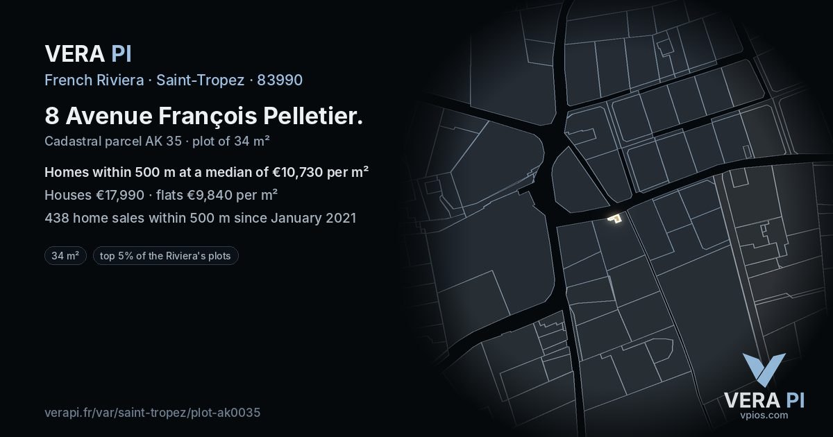8 Avenue François Pelletier, Saint-Tropez at night – the plot lit, the parcels around coloured by the prices near them