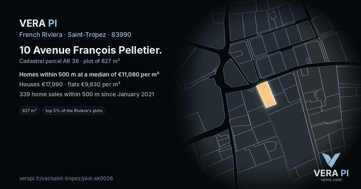 10 Avenue François Pelletier, Saint-Tropez at night – the plot lit, the parcels around coloured by the prices near them